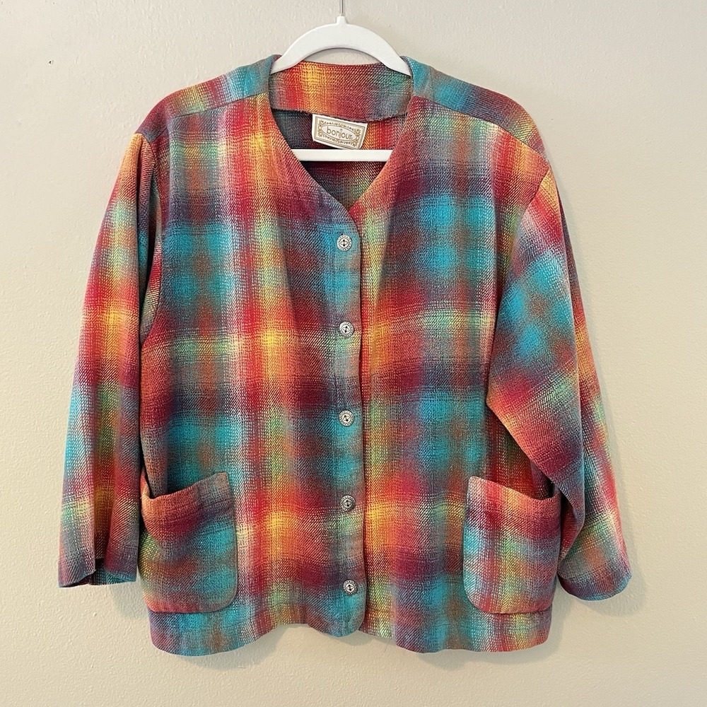 Women Vtg Plaid Flannel Jacket Colorful Tartan Rainbow Chore Gingham Retro Boho